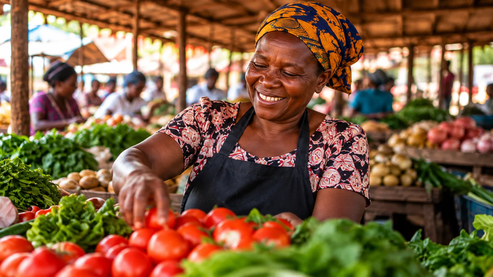 Vendedora numa banca de mercado ao ar livre, a arrumar tomates junto a couve, cebola e batata.